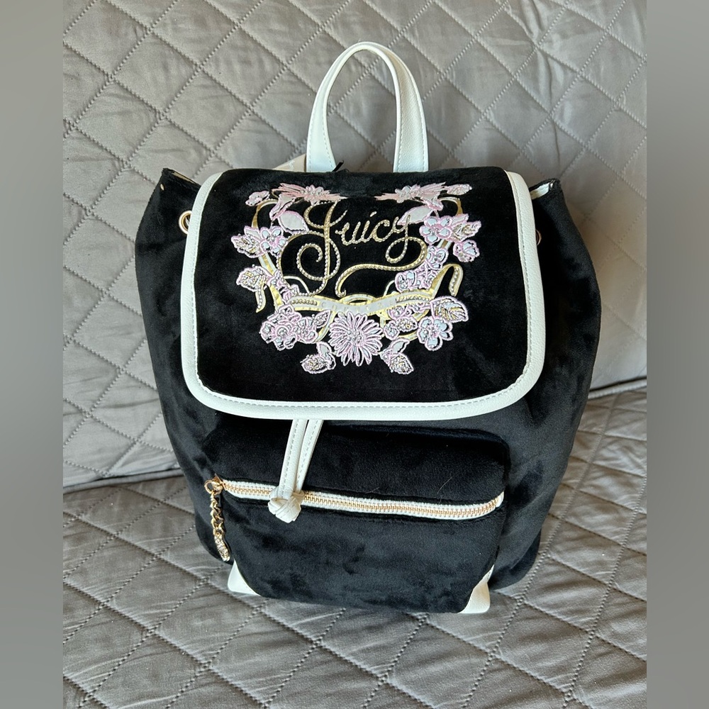 Juicy Couture Black Velvet Backpack with Pink Floral Embroidery and White Trim